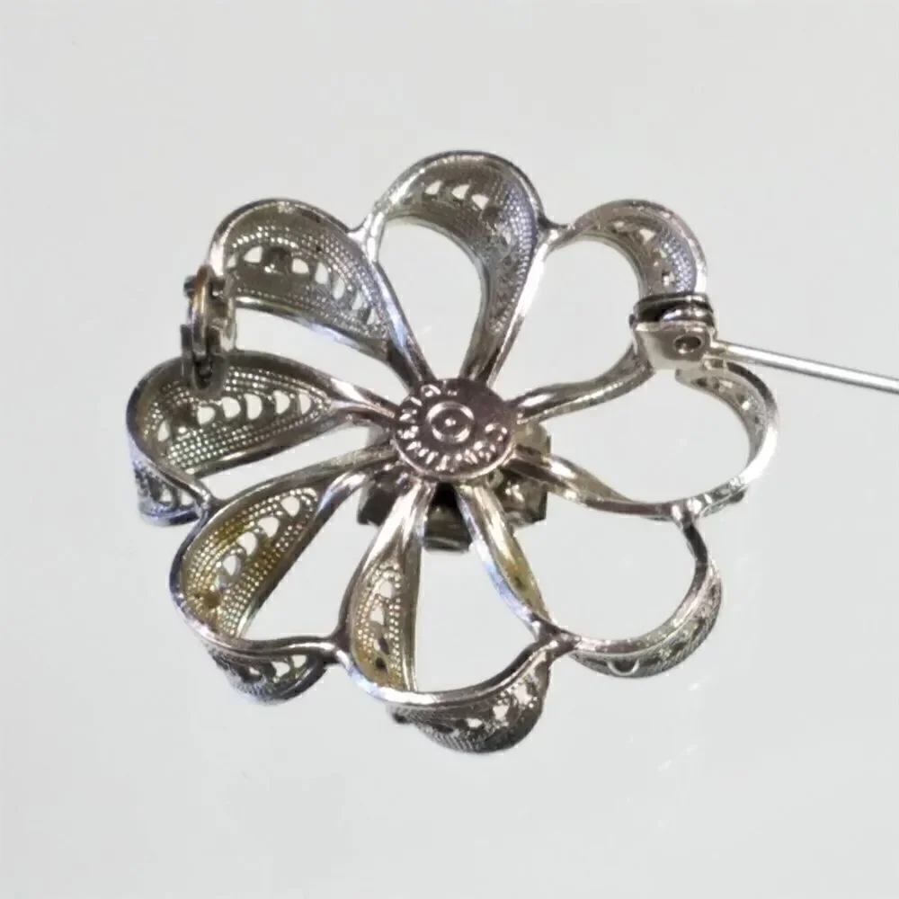 Continental Vintage Signed Silver Filigree Brooch